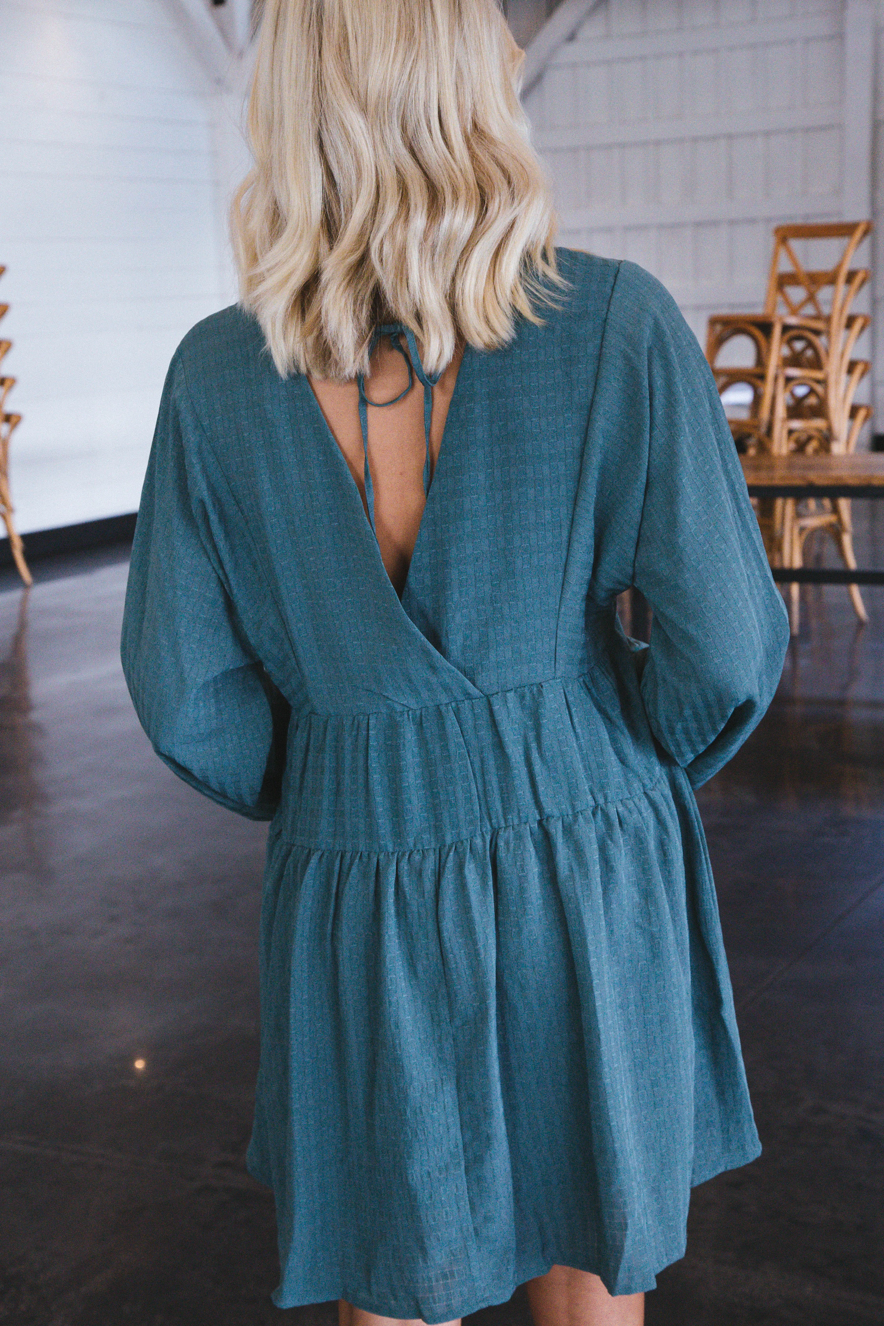 Leah Long Sleeve Tiered Tie Back Dress, Sage