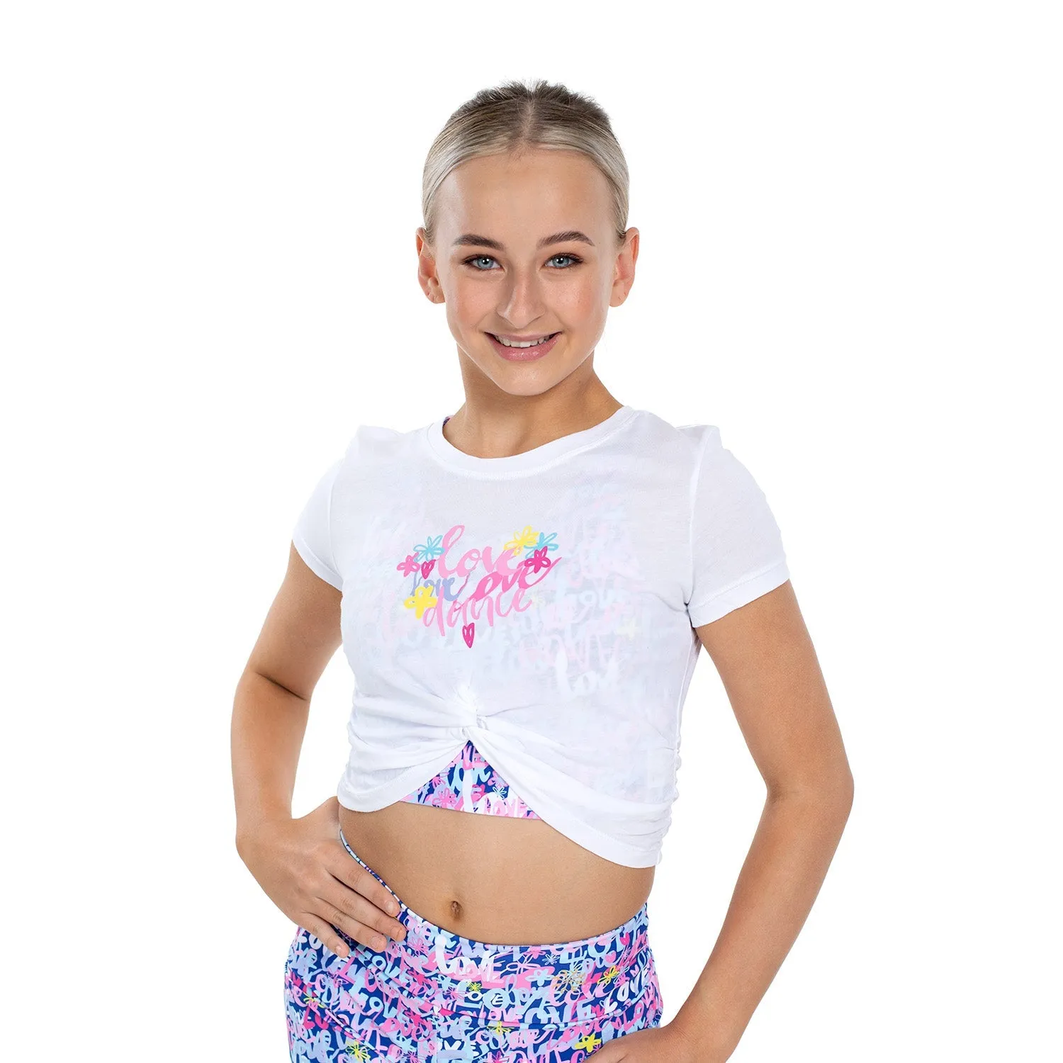 Mock-Tie Crop Tee with Love Dance Print