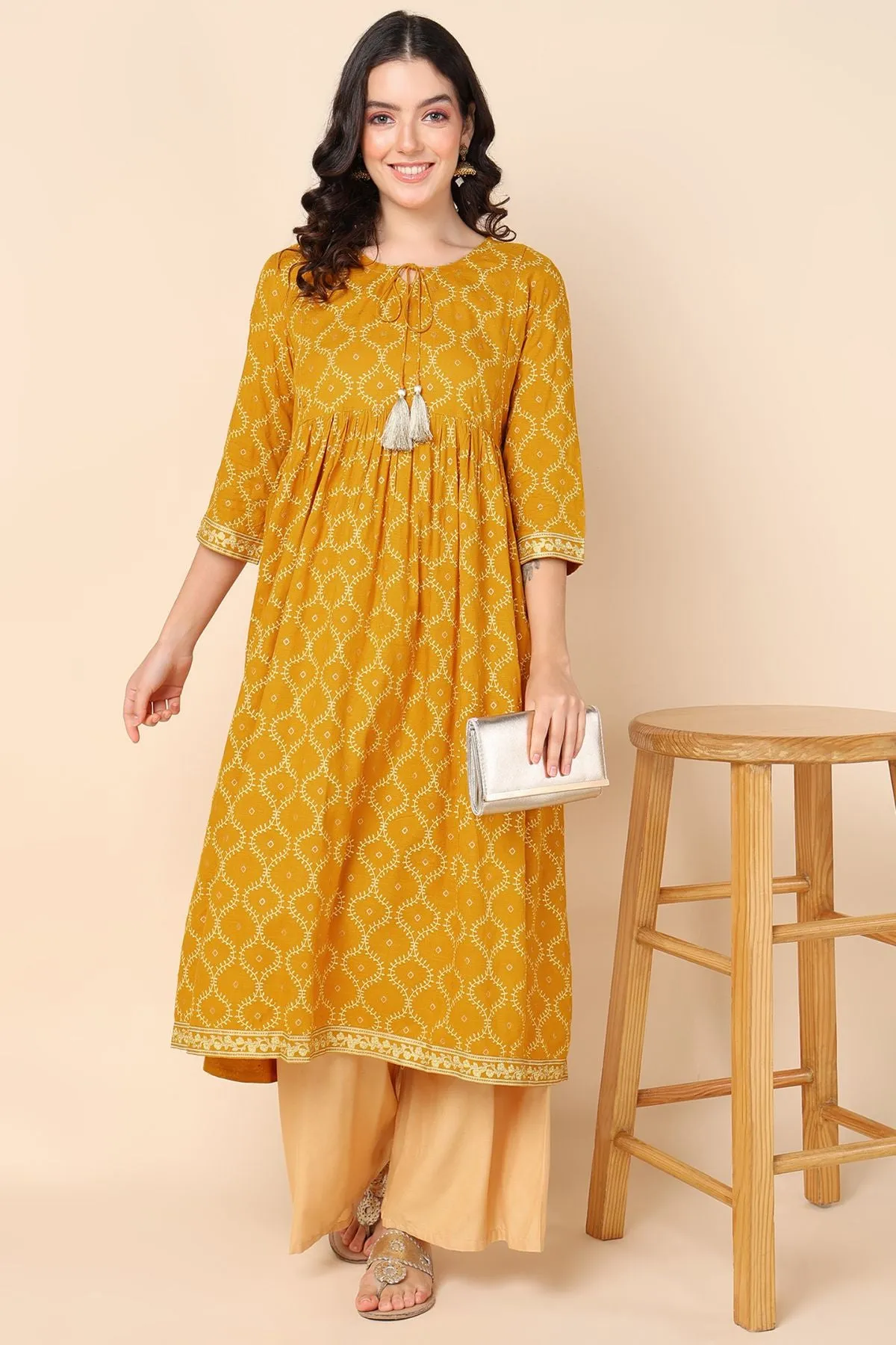 Mustard Yellow Maternity Dresses with Pocket and Tassel Neckline