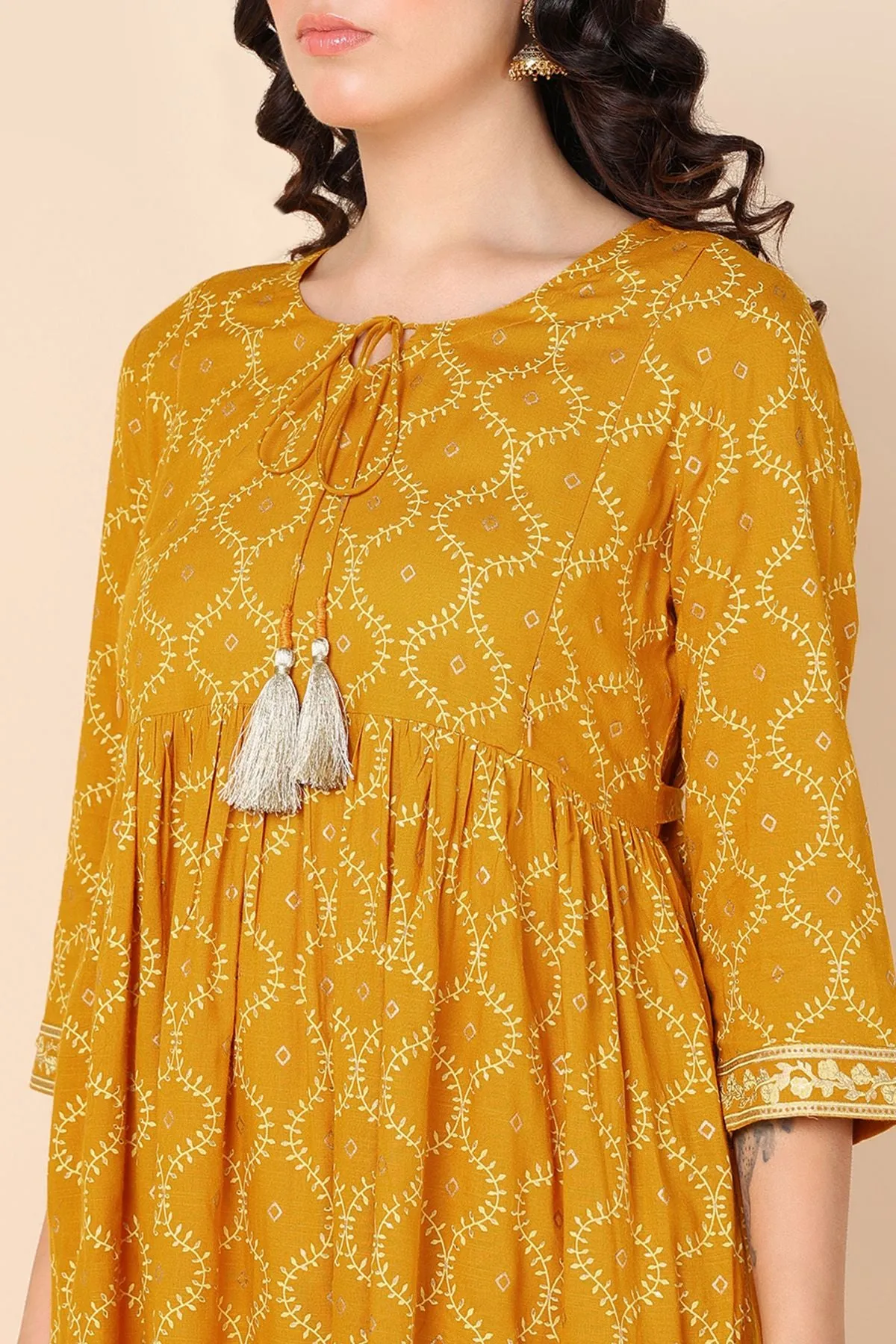 Mustard Yellow Maternity Dresses with Pocket and Tassel Neckline