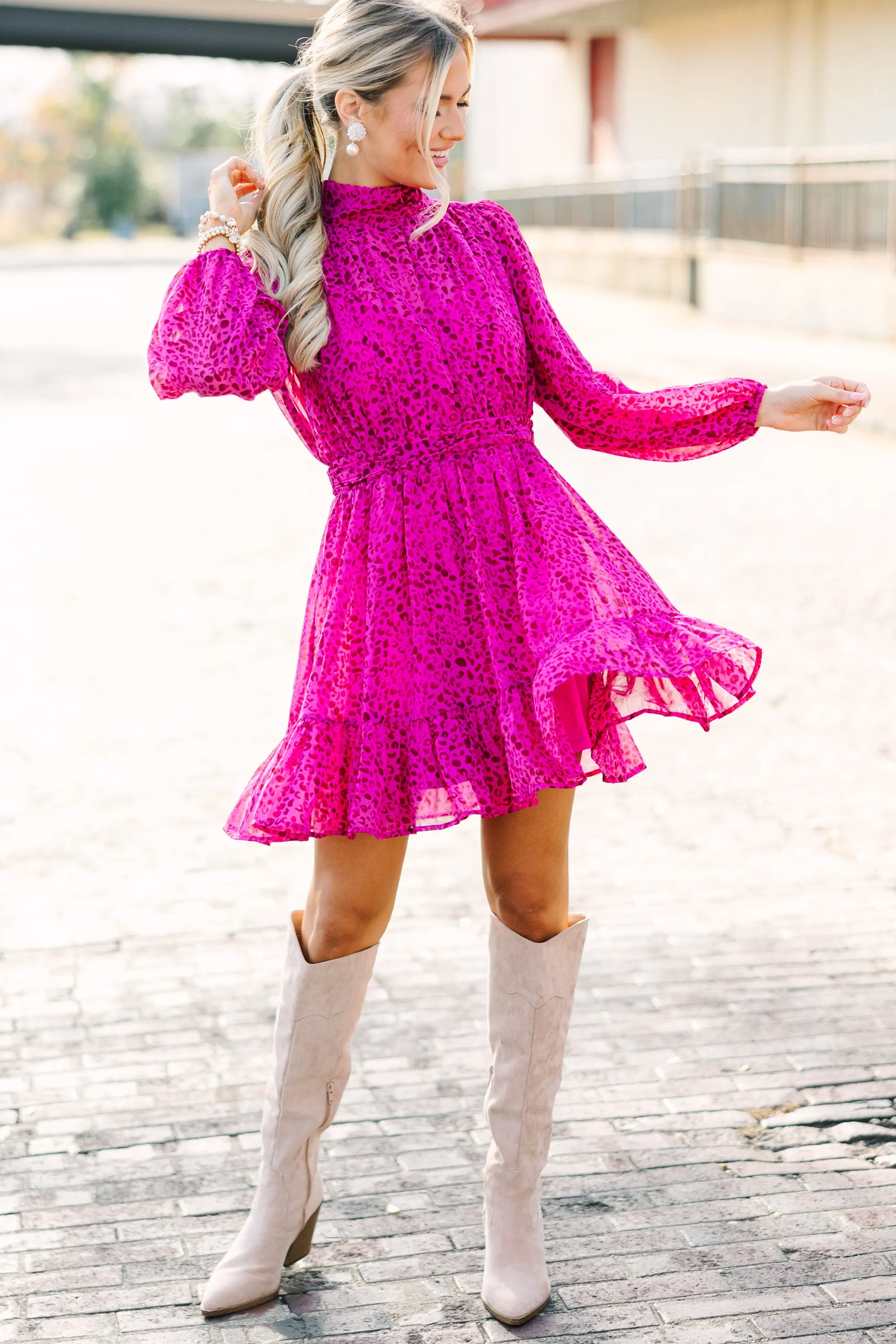 Magenta Pink Ditsy Leopard Print Dress - Stylish & Trendy Womens Fashion