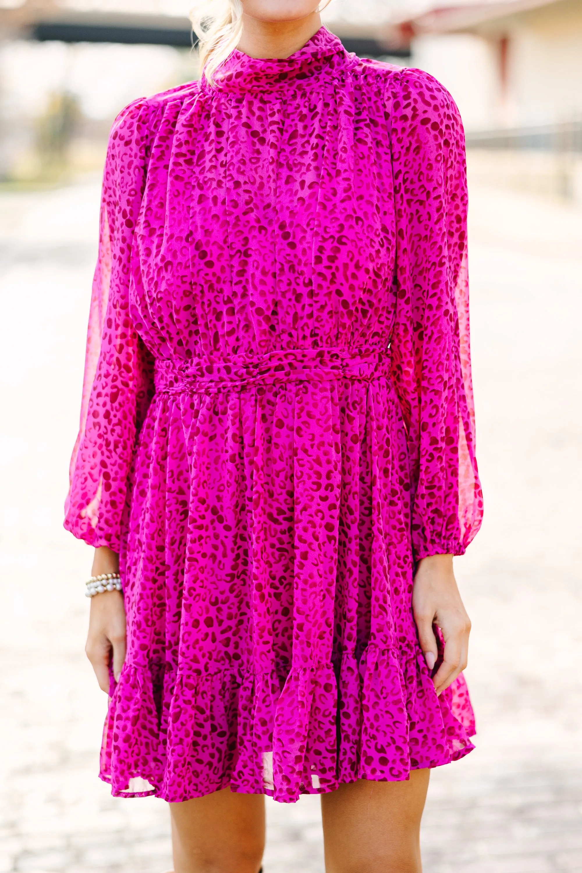 Magenta Pink Ditsy Leopard Print Dress - Stylish & Trendy Womens Fashion