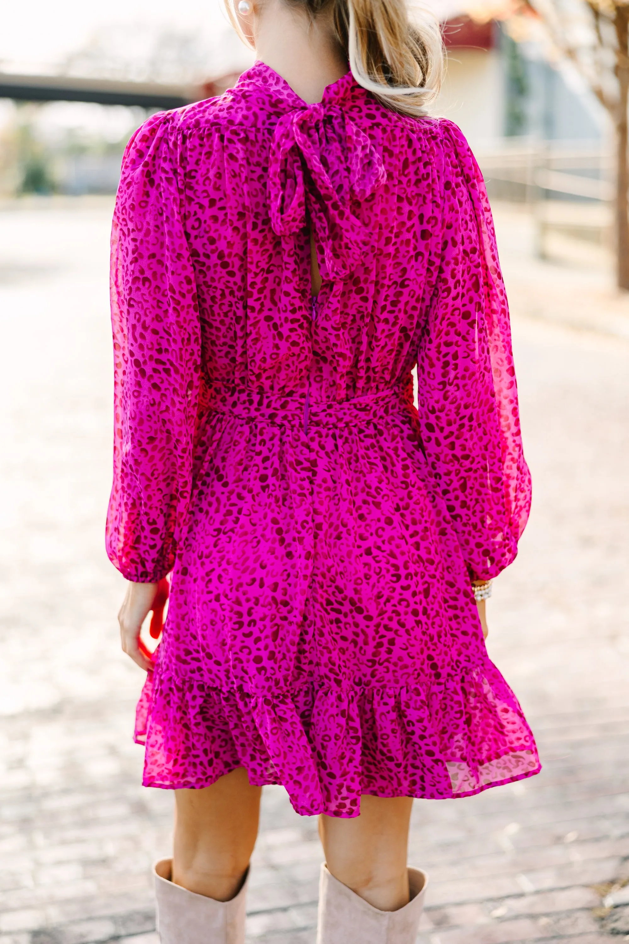 Magenta Pink Ditsy Leopard Print Dress - Stylish & Trendy Womens Fashion