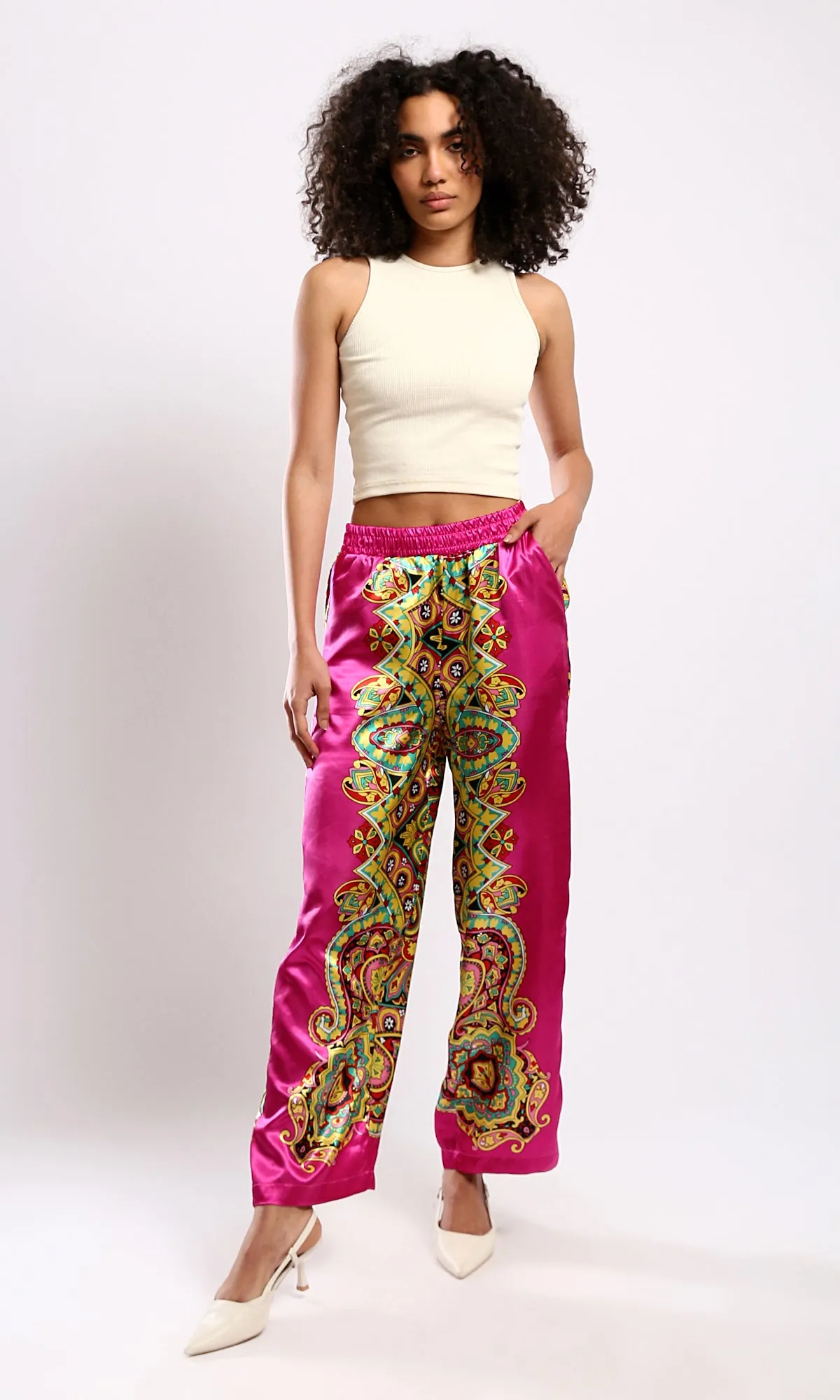 O179130 Shiny Fuchsia & Yellow Evening Wide-Leg Pants