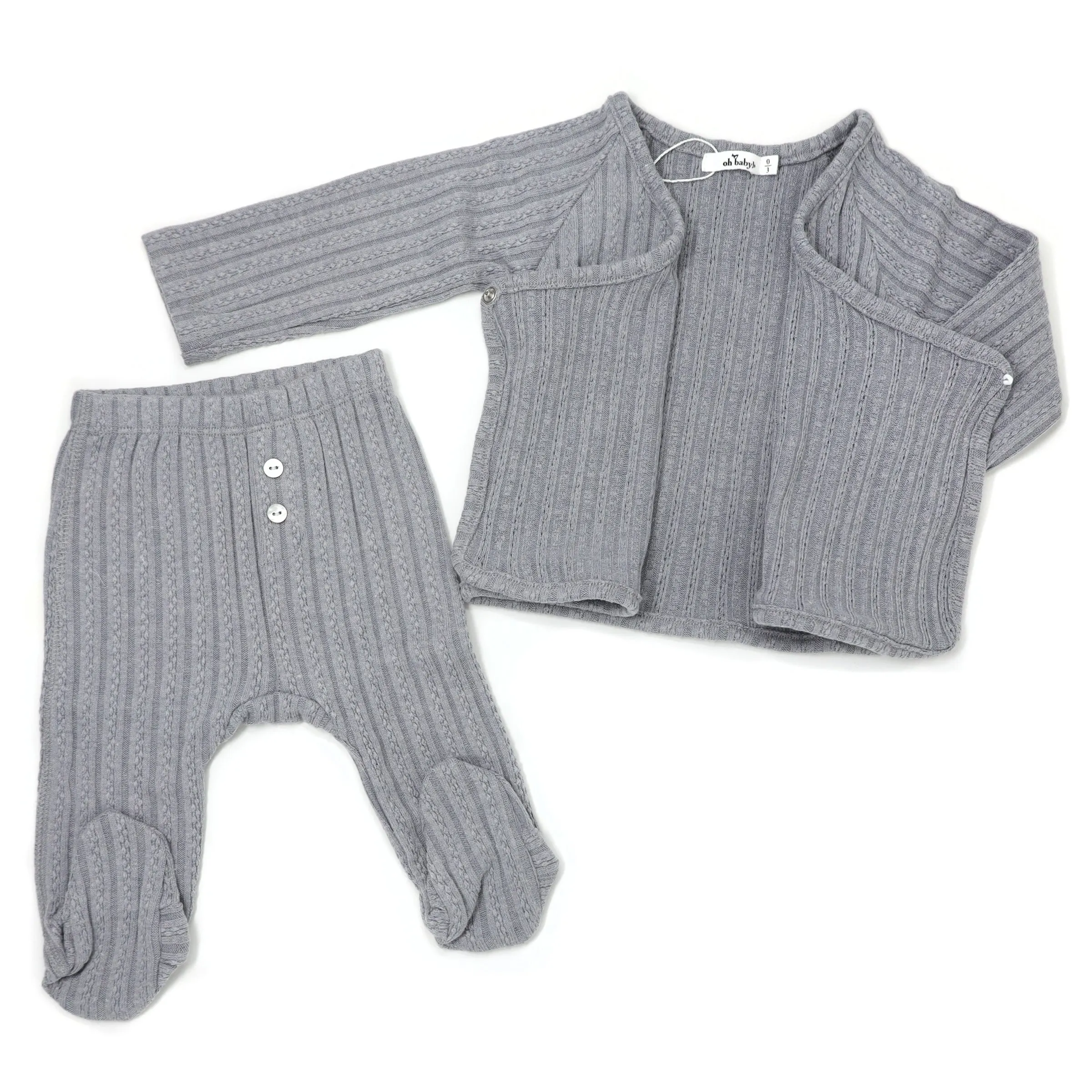 oh baby! Two Piece Kimono Footie Set - Cable Knit - Grey