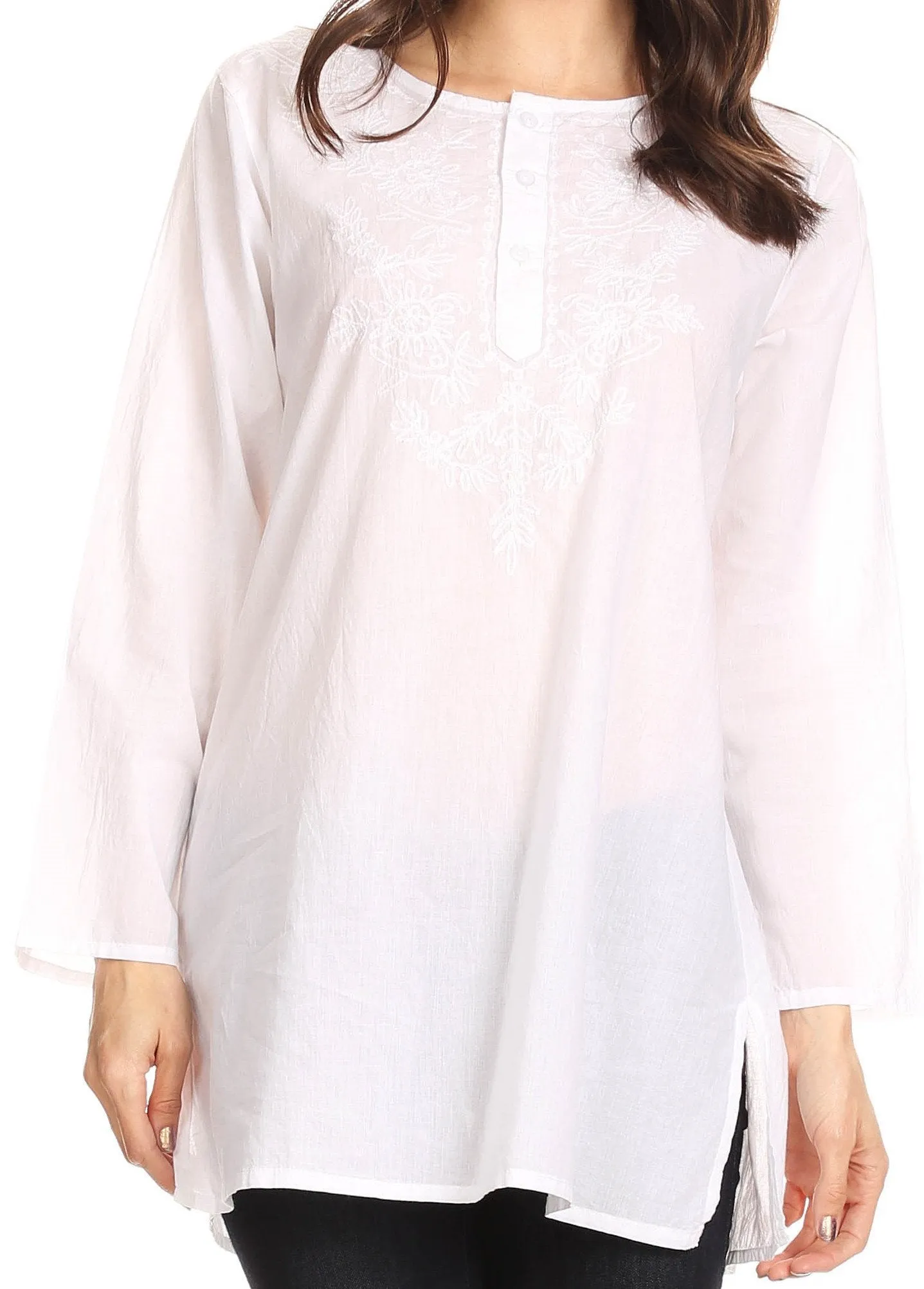 Sakkas Ariana Long Sleeve Button Up Blouse with Floral Embroidery