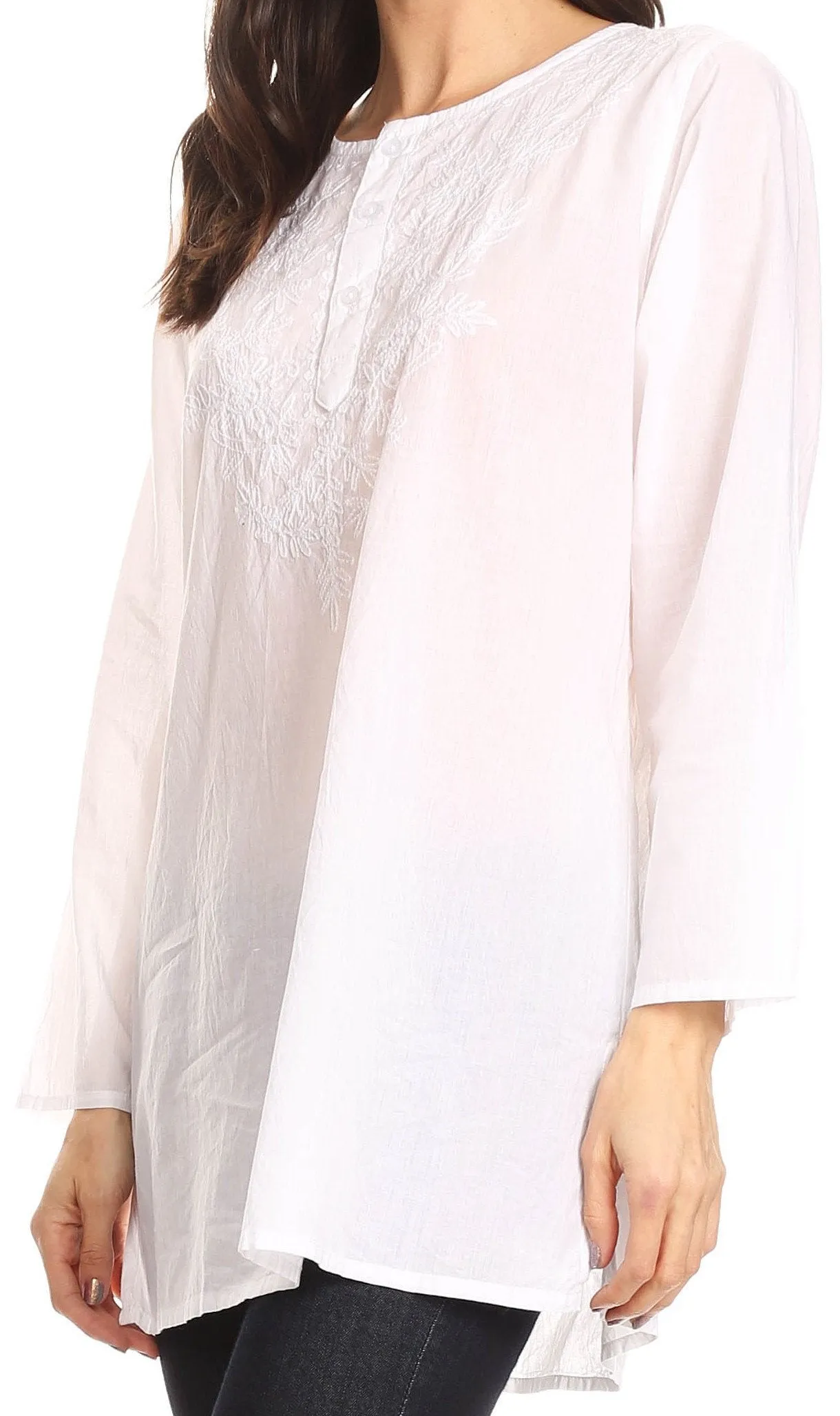 Sakkas Ariana Long Sleeve Button Up Blouse with Floral Embroidery