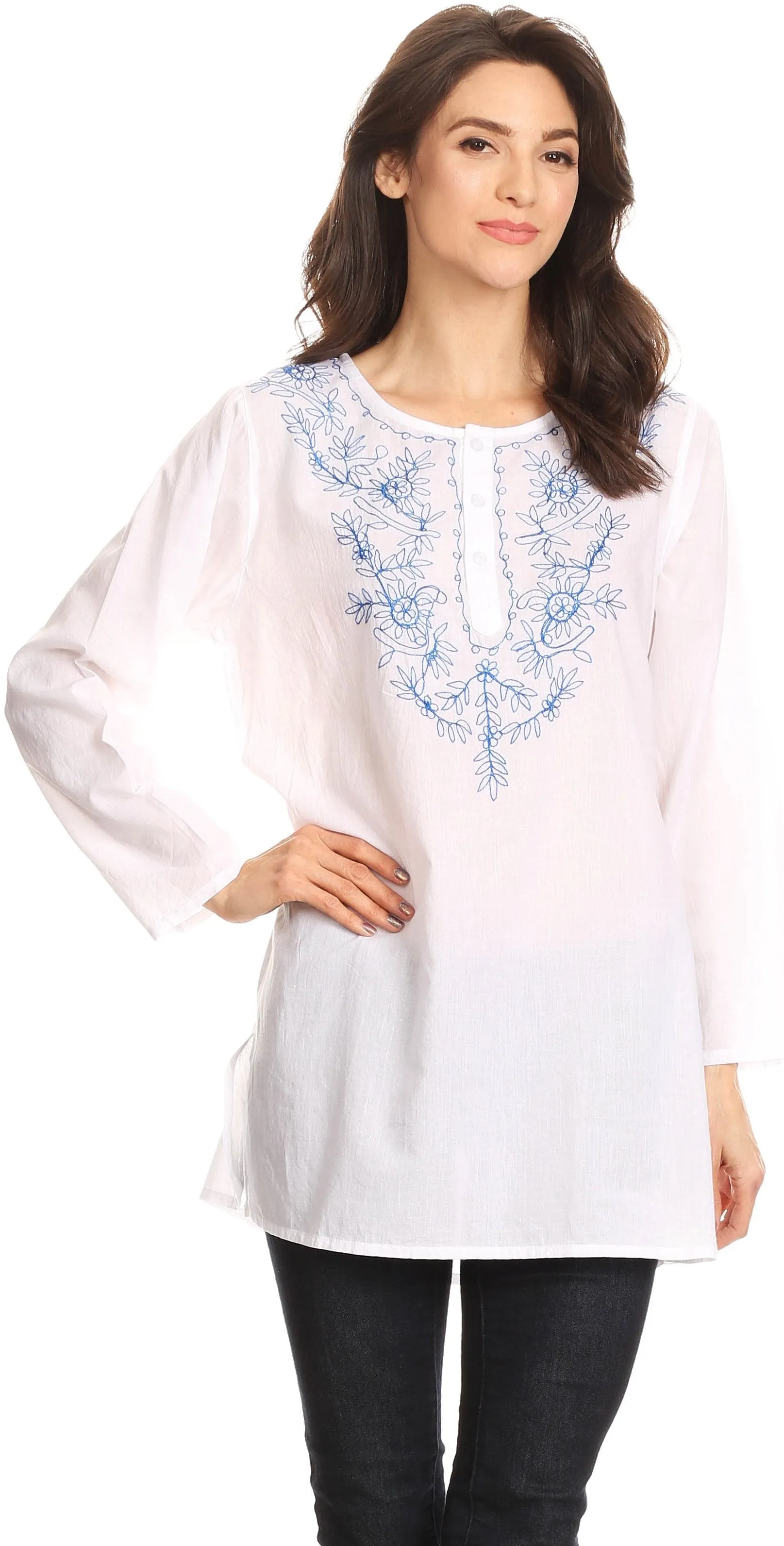 Sakkas Ariana Long Sleeve Button Up Blouse with Floral Embroidery