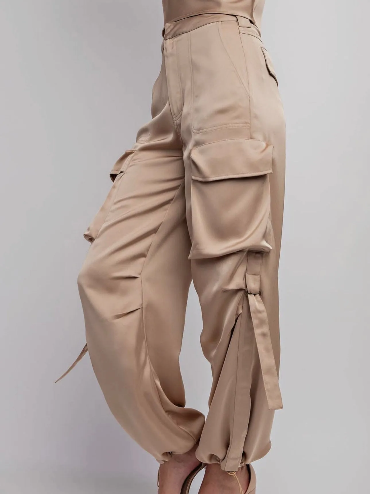 Satin Cargo Pants with Drawstring Hem | Nude