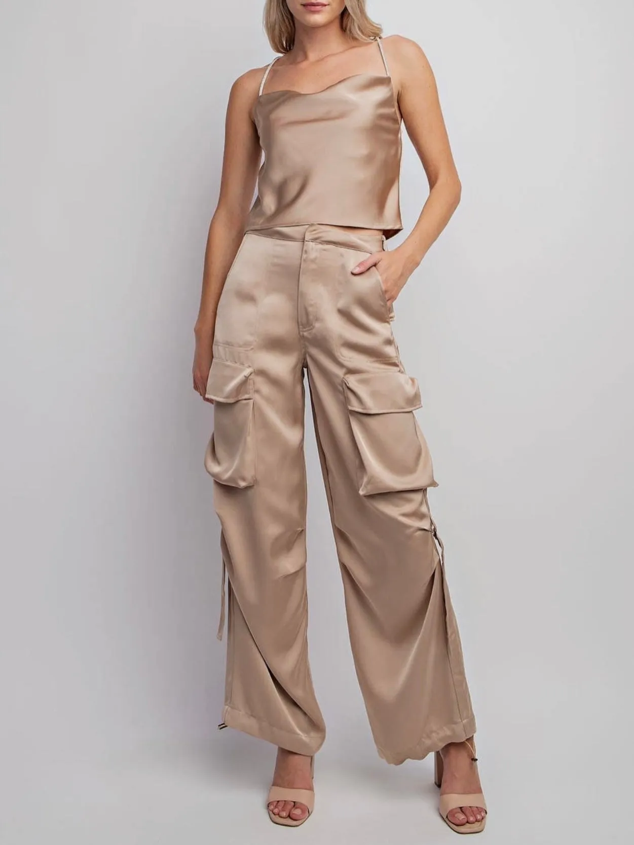 Satin Cargo Pants with Drawstring Hem | Nude