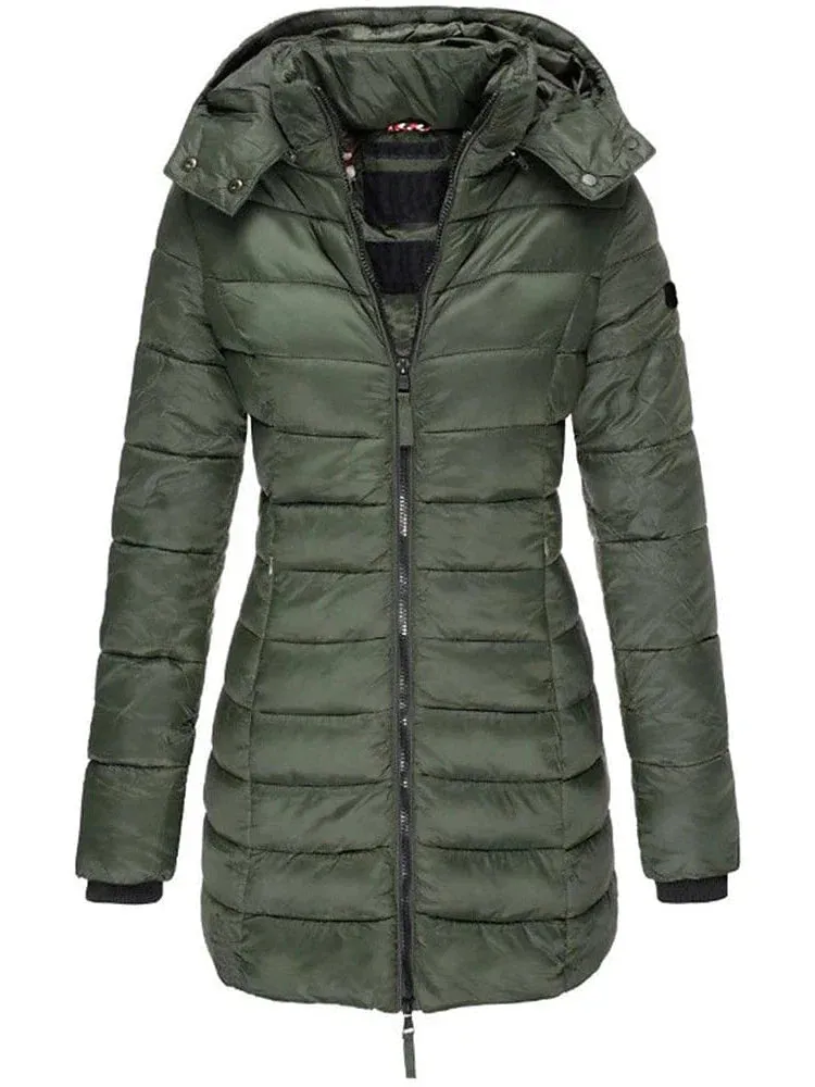 Stylish and Cozy Women's Mid-Length Quilted Puffer Coat with Windproof Features