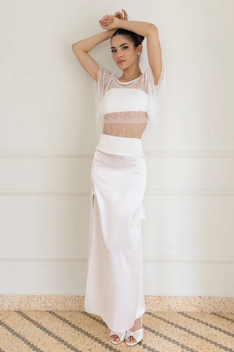 White Sheer Lace Top And Silk Skirt Three Piece Set