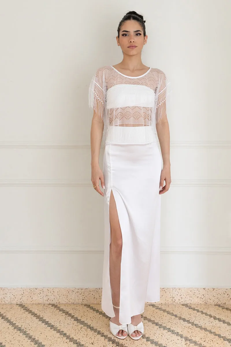 White Sheer Lace Top And Silk Skirt Three Piece Set