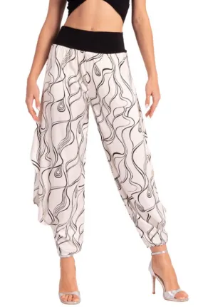 White Subtle Lines Print Pants With Slits