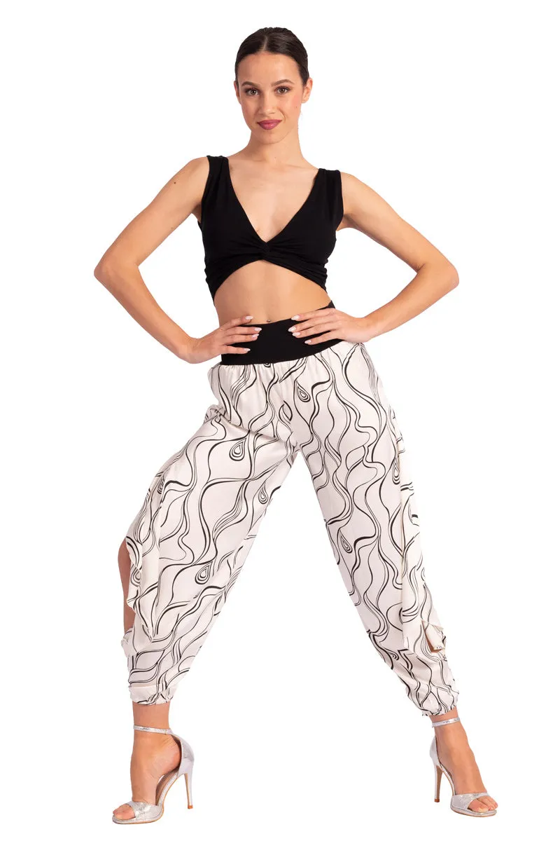 White Subtle Lines Print Pants With Slits