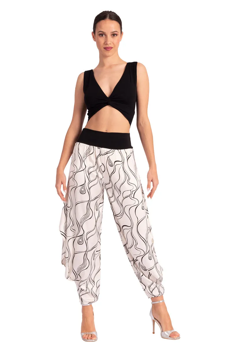 White Subtle Lines Print Pants With Slits