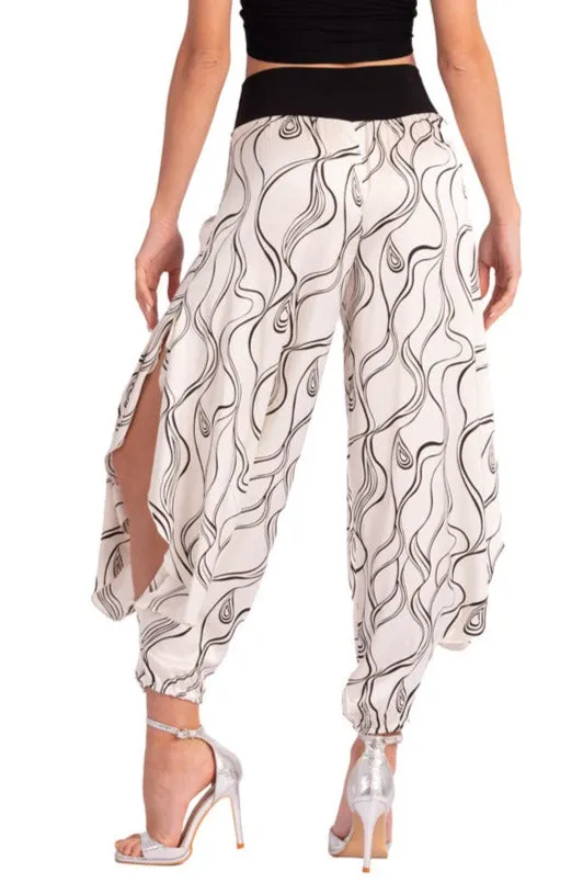 White Subtle Lines Print Pants With Slits