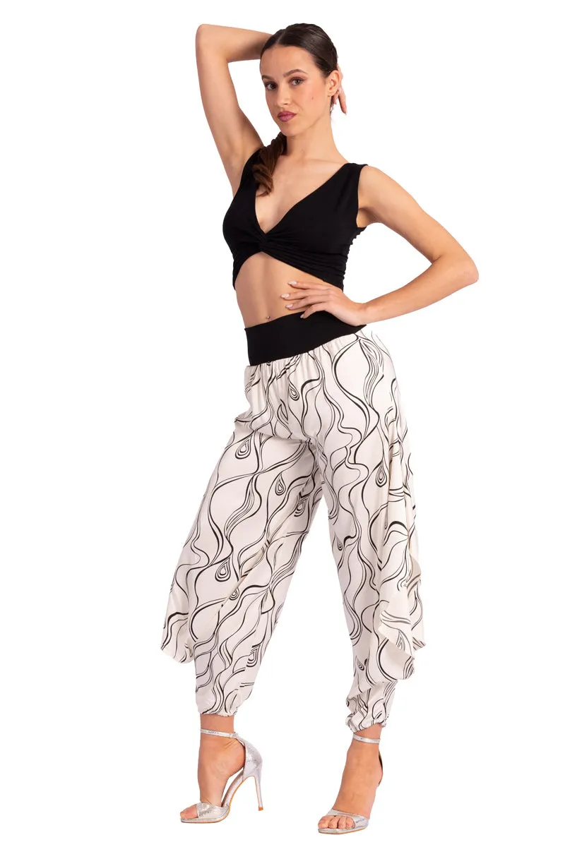 White Subtle Lines Print Pants With Slits