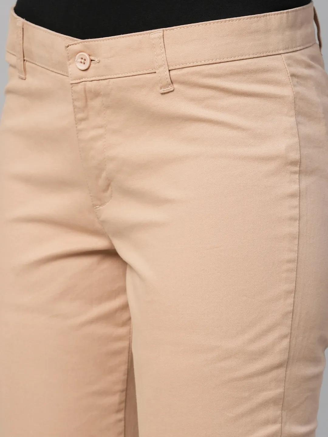 Women's Beige Cotton Lycra Regular Fit Pant