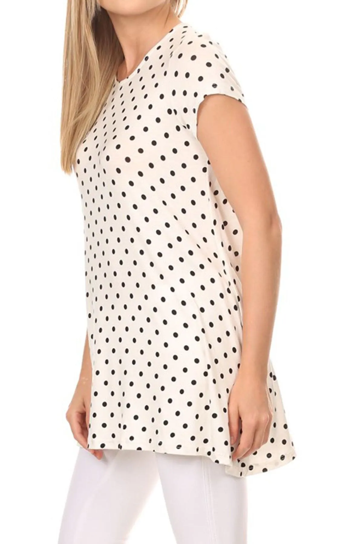 Women's Casual Polka Dot Short Sleeve Round Neck Tunic Tops with Side Pockets