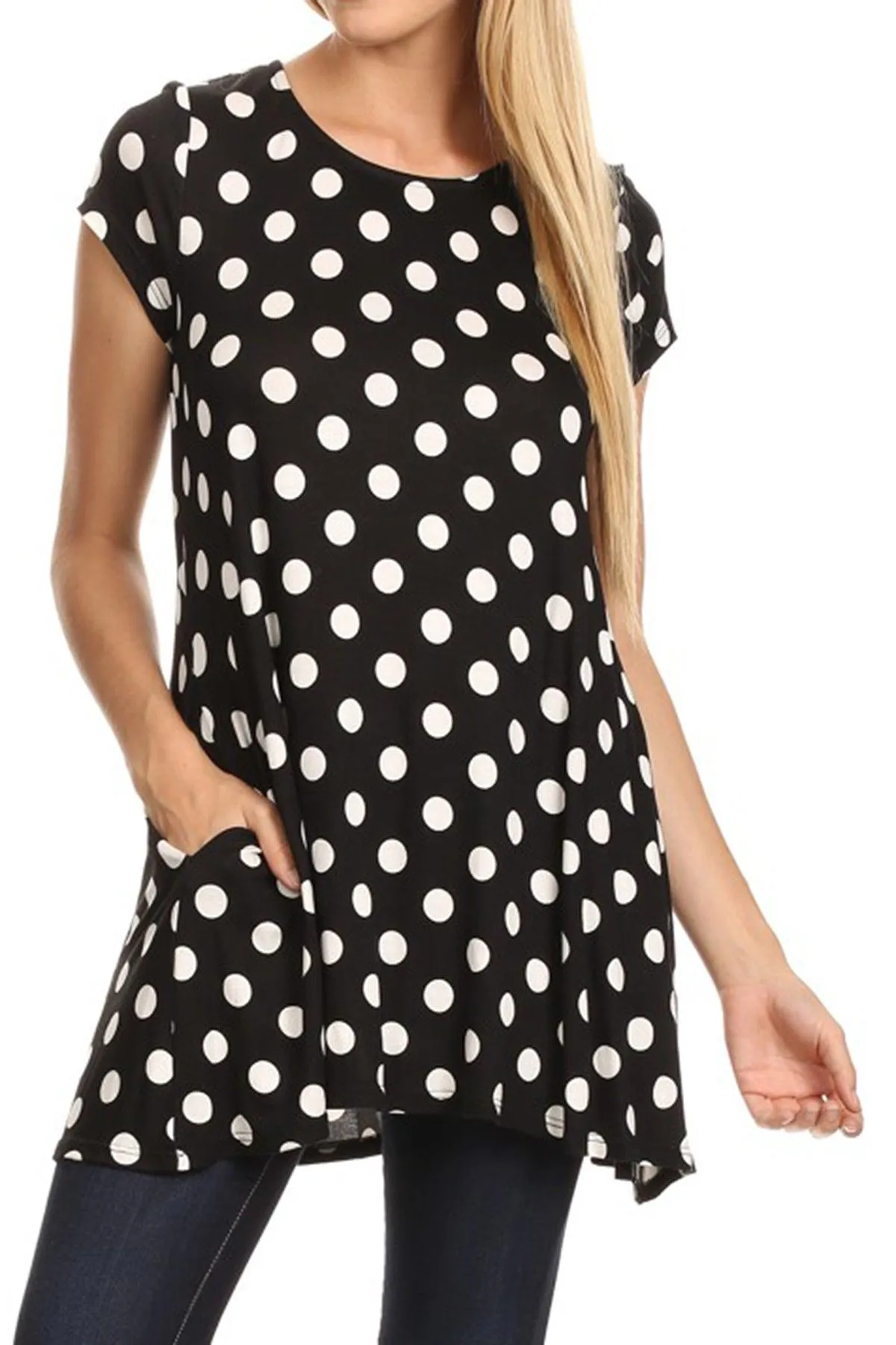 Women's Casual Polka Dot Short Sleeve Round Neck Tunic Tops with Side Pockets