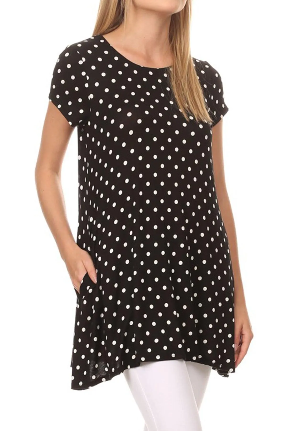 Women's Casual Polka Dot Short Sleeve Round Neck Tunic Tops with Side Pockets