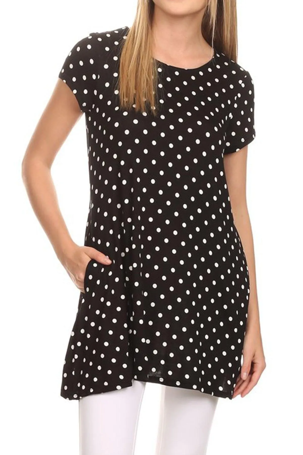 Women's Casual Polka Dot Short Sleeve Round Neck Tunic Tops with Side Pockets