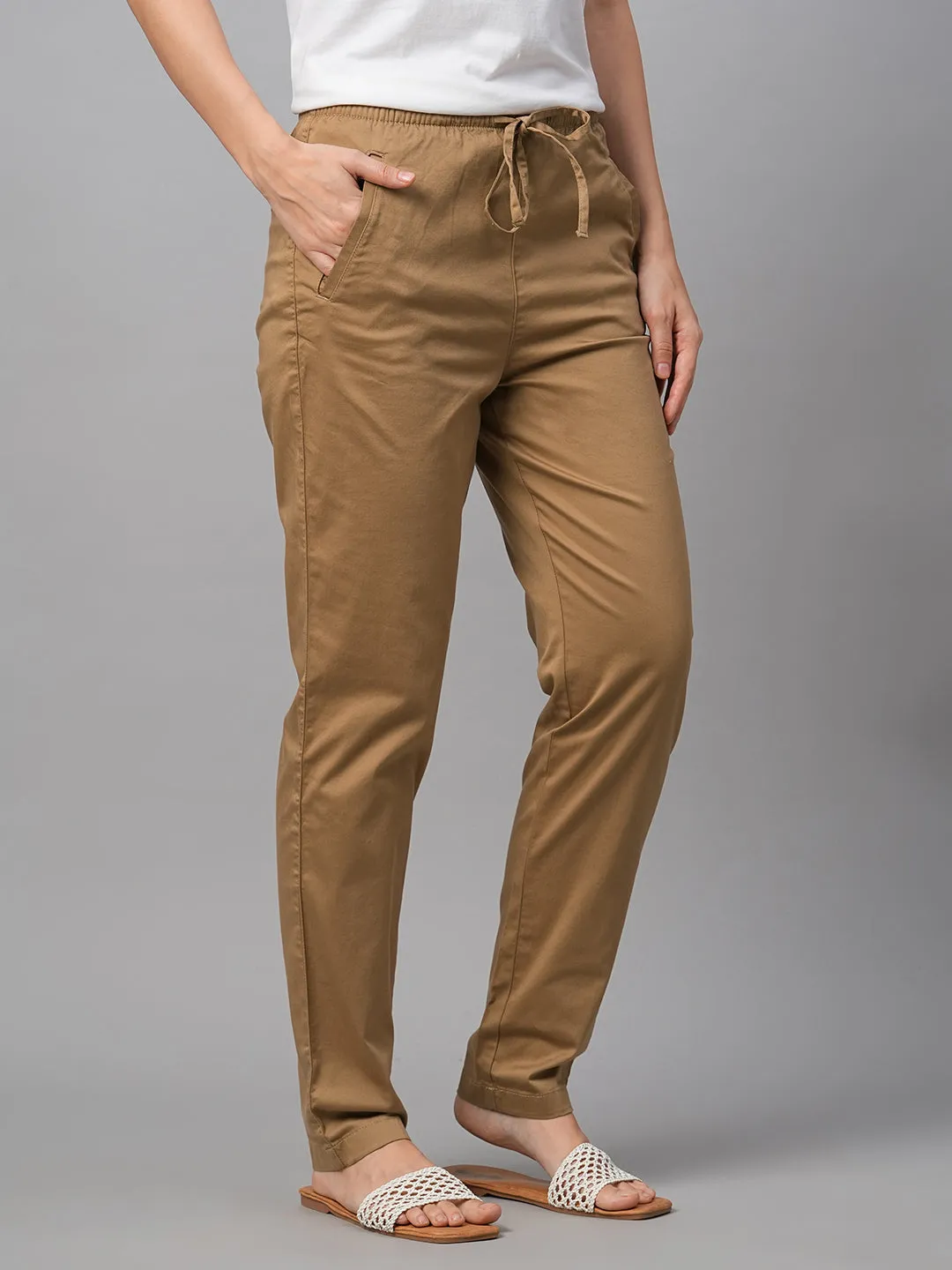 Women's Khaki Cotton Lycra Regular Fit Pant