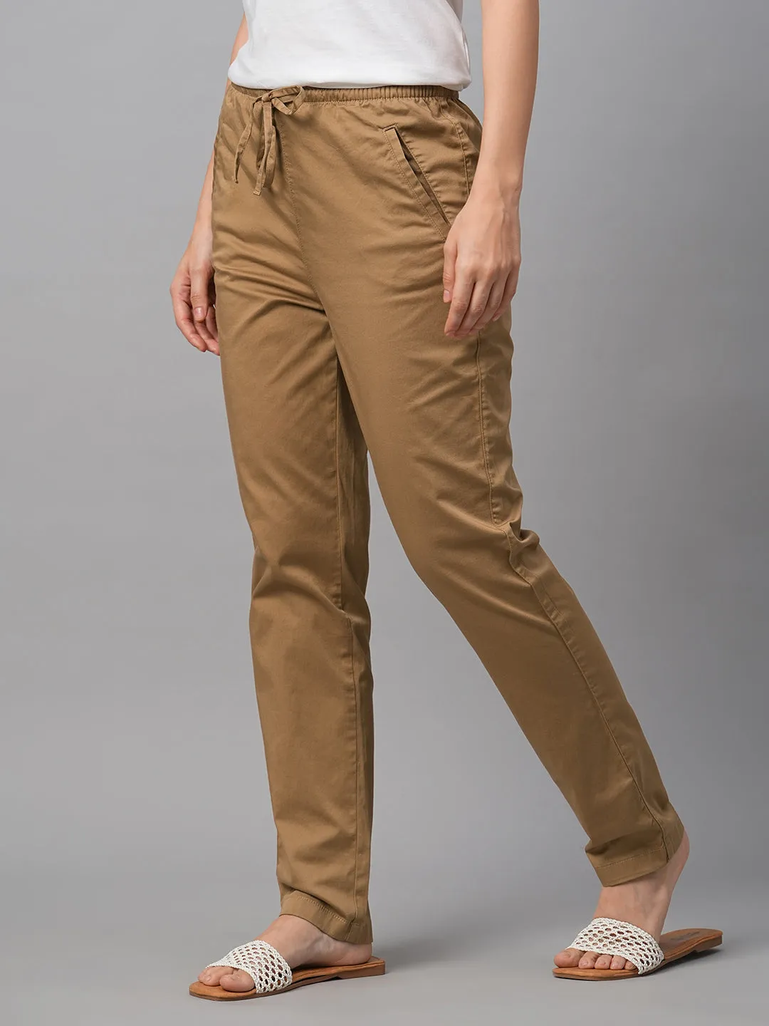 Women's Khaki Cotton Lycra Regular Fit Pant