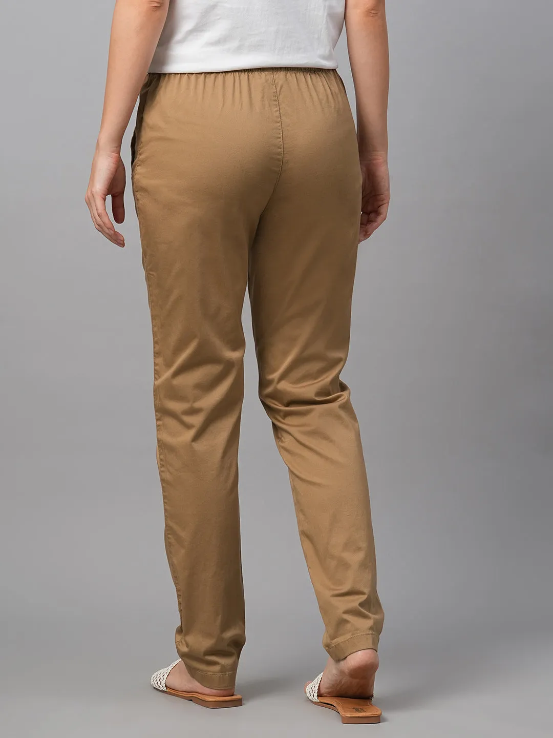 Women's Khaki Cotton Lycra Regular Fit Pant