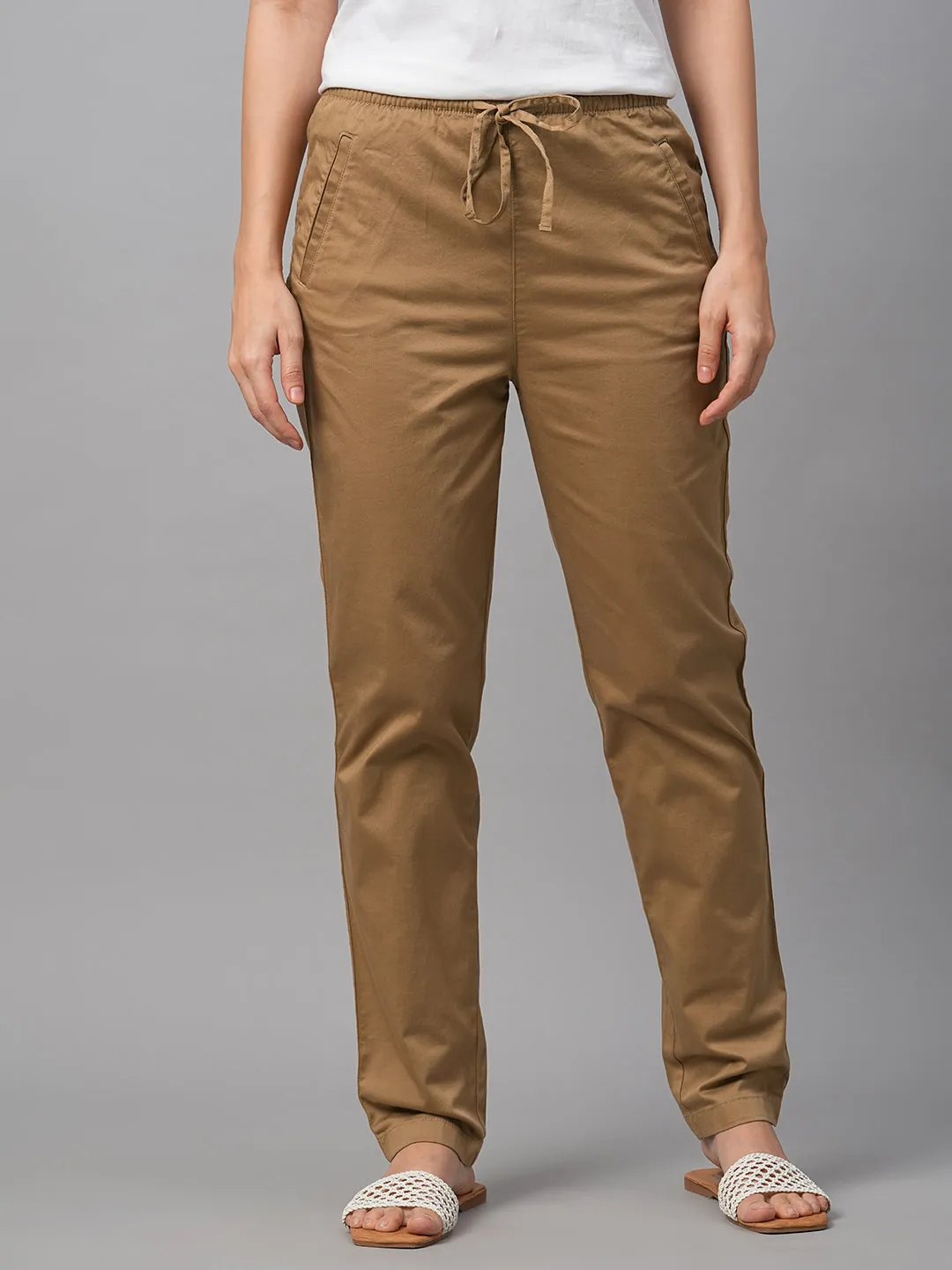 Women's Khaki Cotton Lycra Regular Fit Pant