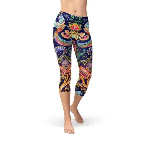 Womens Ornamental Blue Paisley Capri Leggings