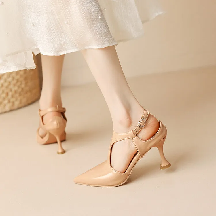 Women's Pointed Toe T Strap Cutout Spool Heel Sandals