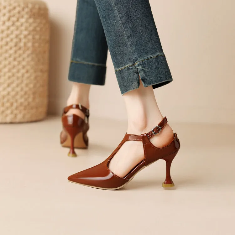 Women's Pointed Toe T Strap Cutout Spool Heel Sandals